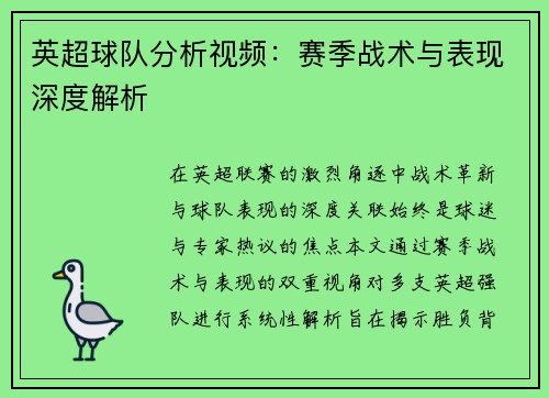 英超球队分析视频：赛季战术与表现深度解析