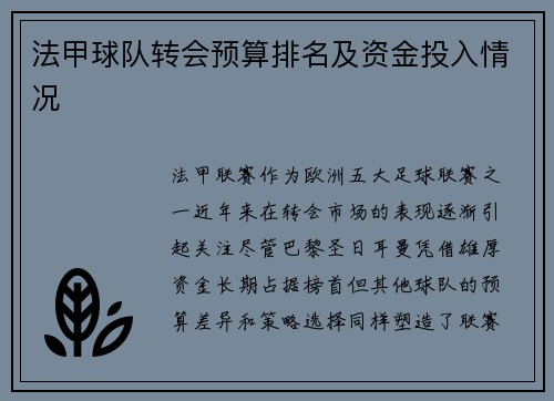 法甲球队转会预算排名及资金投入情况